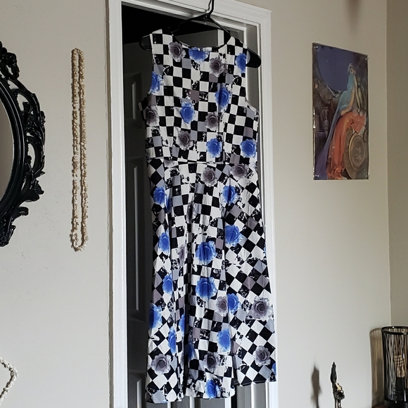 Blue + Gray Rose Checkerboard Pinup Dress (Large, NWOT) - Picture 1 of 5